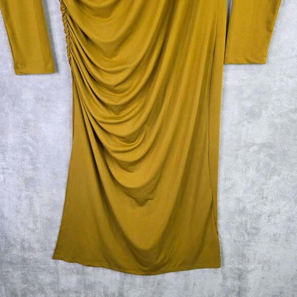 Womens H&M Yellow Ruched Midi Dress Turtleneck Long Sleeve Polyester Stretch XL - Picture 4 of 12